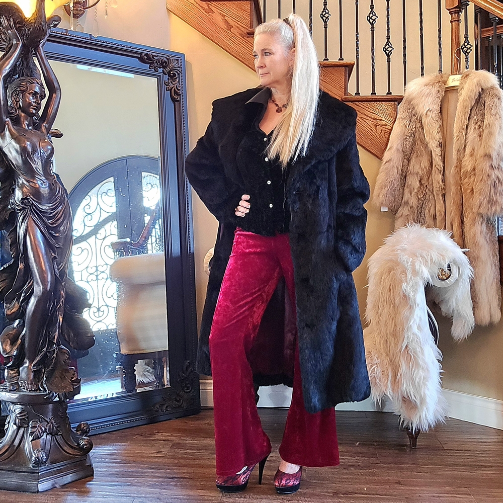 Like New Long Black Rabbit Fur Trench Coat M/L